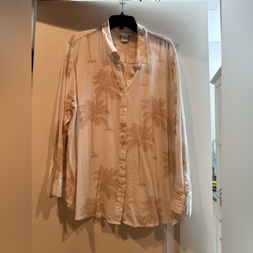 Calypso St. Barth Peach Palm-Print Button-Front Blouse